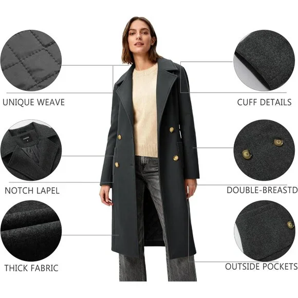 Women's Grey Winter Double-breasted Long Overcoat Classic Casual Trench Coat